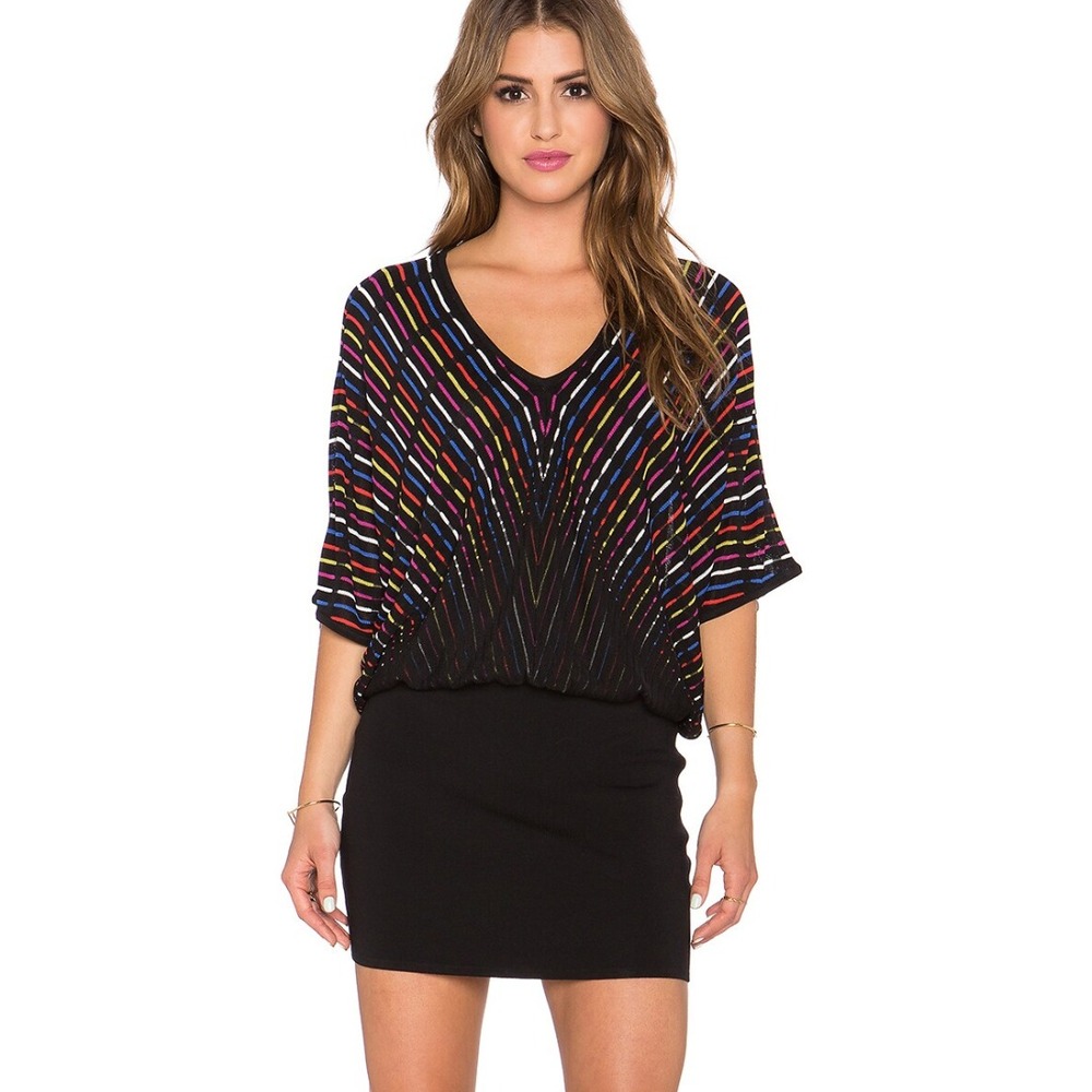 Trina Turk XL Multi Color Metallic Striped‎ Blouson Dolman Sleeve Mini Dress NEW